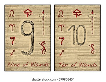 Ten and nine of wands in red. The minor arcana tarot card, vintage hand drawn engraved illustration with mystic symbols.