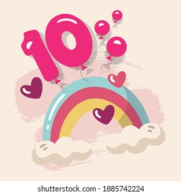 Ten, Number 102 cute Rainbow birthday illustration.  svg
