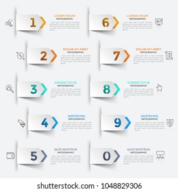 Ten paper white pointers with cut out figures arranged into 2 vertical rows pointing at linear icons and text boxes. Concept of list with 10 options. Infographic design template. Vector illustration.