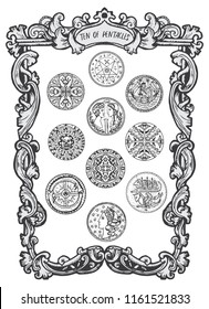 Ten of pentacles. Minor Arcana tarot card. The Magic Gate deck. Fantasy engraved vector illustration with occult mysterious symbols and esoteric concept