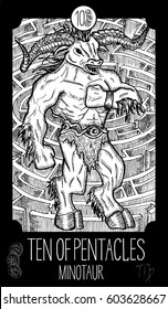 Ten of pentacles. Minotaur. Minor Arcana Tarot card. Fantasy line art illustration. Engraved vector drawing. See all collection in my portfolio set