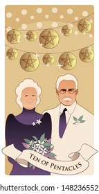 Ten of pentacles. Tarot cards. Elegant and happy elderly couple, under bright lights and ten golden pentacles