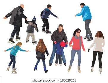 Ten People Skating On Ice. Color Vector Illustration.