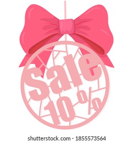 Ten percent sale label  Pink circle with 10% discount offer. Vector illustration of sale badge for banner, sticker, flyer with pink bow, card, web element. Isolated illustration on white background