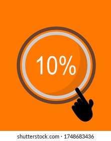 Ten percent sign inside orange circle with index finger flat vector icon pointing to circle isolated on background for mobile and computer web graphic design
