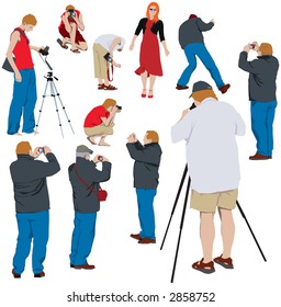 Ten photographers shooting young model. Color vector illustration