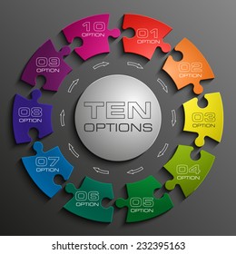 Ten Piece Flat Puzzle Round Infographic Presentation. 10 Step Circle Business Diagram. Ten Section Compare Service Banner. Vector Illustration Template Shape . 3d Abstract Background