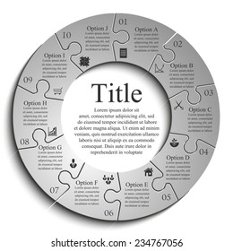 Ten piece flat puzzle round infographic presentation. 10 step circle business diagram. Ten section compare service banner. Vector illustration template shape . 3d Abstract Background