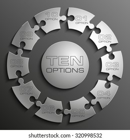 Ten piece flat puzzle round infographic presentation. 10 step circle business diagram. Ten section compare service banner. Vector illustration template shape . 3d Abstract Background