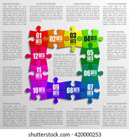 Ten piece flat puzzle round infographic presentation. 10 step circle business diagram. Ten section compare service banner. Vector illustration template shape . 3d Abstract Background