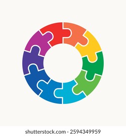 Ten pieces colorful puzzle circle. Vector isolated on white background.