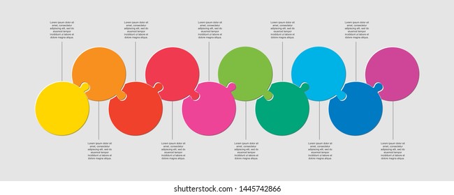 Ten pieces puzzle circles line . Circles business presentation infographic. 10 steps, parts, pieces of process diagram. Section compare banner. Jigsaw puzzle info graphic. Marketing strategy.