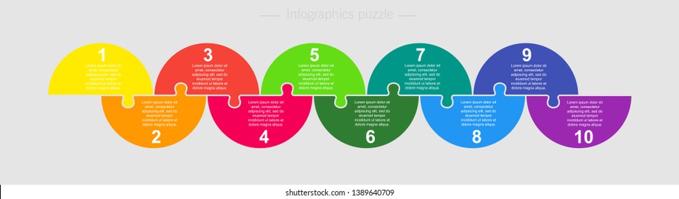 Ten pieces puzzle half circles diagram. Circles business presentation infographic. 10 steps, parts, pieces of process diagram. Section compare banner. Jigsaw puzzle info graphic. Marketing strategy.