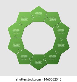 Ten pieces puzzle pentagon diagram. Pentagons business presentation infographic. 10 steps, parts, pieces of process diagram. Section compare banner. Jigsaw puzzle info graphic. Marketing strategy.