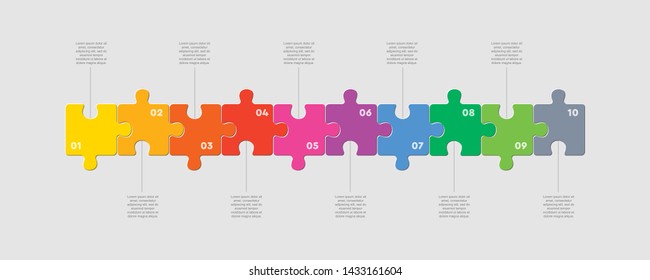 Ten pieces puzzle squares diagram. Squares business presentation infographic. 10 steps, parts, pieces of process diagram. Section compare banner. Jigsaw puzzle info graphic. Marketing strategy.