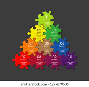 Ten pieces pyramid puzzle presentation infographic template with explanatory text field for business statistics illustration. Ten stages triangle puzzle piece shape