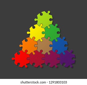 Ten pieces pyramid puzzle presentation infographic template with explanatory text field for business statistics illustration. Ten stages triangle puzzle piece shape