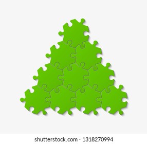 Ten pieces pyramid puzzle presentation infographic template with explanatory text field for business statistics illustration. Ten stages triangle puzzle piece shape