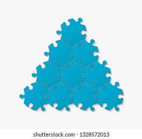 Ten pieces pyramid puzzle presentation infographic template with explanatory text field for business statistics illustration. Ten stages triangle puzzle piece shape