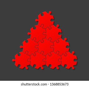 Ten pieces pyramid puzzle presentation infographic template with explanatory text field for business statistics illustration. Ten stages triangle puzzle piece shape