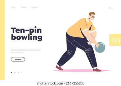 Ten pin bowling concept of landing page with active guy play bowling. Young man enjoy indoor activity at bowling club throwing ball. Hobby and entertainment. Cartoon flat vector illustration