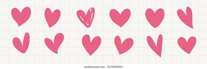 Ten pink hearts, hand-drawn, arranged in a row. Pink hearts on a grid background. Hand-drawn hearts, simple and charming. Pink hearts, perfect for designs. Valentines doodle vector set.