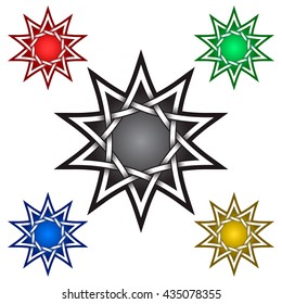Ten pointed star logo template in Celtic style. Tribal tattoo symbol. Silver stamp for jewelry design and samples of red, green, blue and golden colors.