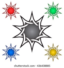 Ten pointed star logo template in Celtic style. Tribal tattoo symbol. Silver stamp for jewelry design and samples of red, green, blue and golden colors.