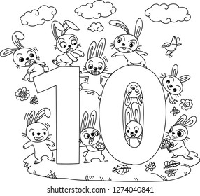 The ten rabbits. Hand drawn doodle vector illustration. For counting teaching for kids, coloring pattern ,background, clip arts,character design,decoration,cartoon illustration.