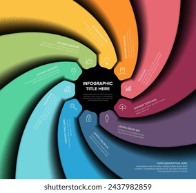 Ten rainbow color block elements in circle spiral design multipurpose cycle Infographic template. Color raiinbow spiral background with ten elements original dark infographic template