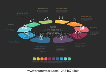 Ten rainbow color block elements in circle design multipurpose cycle Infographic template on black background with descriptions and big title. Original infographic template