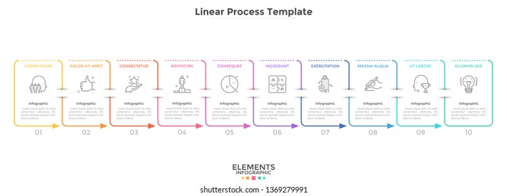 Ten rectangular elements arranged in horizontal row and connected by arrows. Concept of 10-stepped business cycle. Simple infographic design template. Linear vector illustration for presentation.