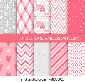 Ten retro different seamless patterns. Pretty and delicate pink backgrounds. Endless texture for wallpaper, web page, wrapping paper and etc. Retro love style. Snowflakes, chevron and hearts 