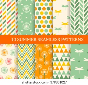 Ten retro different summer seamless patterns. Endless texture for wallpaper, fill, web page background, texture. Colorful geometric background. 