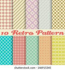 Ten retro different vector seamless patterns (tiling). Endless texture can be used for wallpaper, pattern fills, web page background,surface textures. Set of monochrome geometric ornaments.