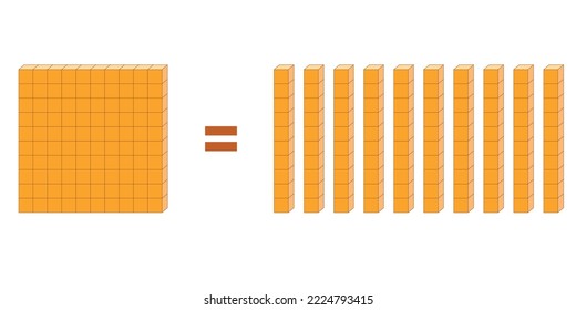 Ten rod blocks equal one flat block. Flat is made of ten rods. Vector illustration.