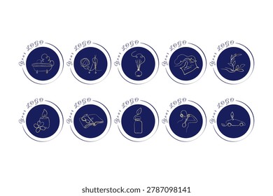 Ten round dark blue logos feature elegant gold line art designs. Icons include a bathtub, knitting, diffuser, chef hat, plant, candle, book, bottle, headphones, and a car, suitable for various brands.