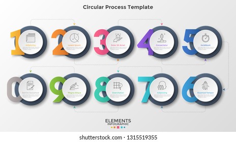 Ten round paper white elements connected by dotted lines and arrows. Concept of 10 successive steps of business process. Modern infographic design template. Vector illustration for presentation.