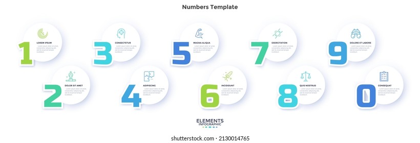 Ten round paper white elements with digits, figures or numbers. Concept of 10 business steps, stages, features. Simple flat vector illustration for data visualization, presentation, analytical report.