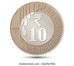 Ten Rupees coin of India. Coin side isolated on white background. Vector.
