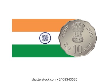 Ten Rupees coin of India. Coin side isolated on white background. Flag of India. Vector.