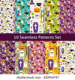 Ten Seamless Halloween Party Patterns Set. Flat Style Vector Seamless Texture Backgrounds. Collection of Halloween Holiday Templates. Trick or Treat