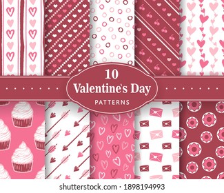 Ten seamless love patterns. Romantic backgrounds for Valentines or wedding day. Endless texture for wallpaper, web page, wrapping paper. Scrapbooking, print, gift wrap