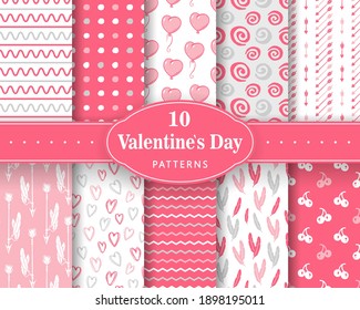 Ten seamless love patterns. Romantic backgrounds for Valentines or wedding day. Endless texture for wallpaper, web page, wrapping paper. Scrapbooking, print, gift wrap