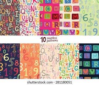 Ten seamless pattern with alphabet and numbers.