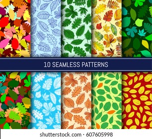 Ten seamless patterns. Abstract colorful leaves background. Template for your design works. Vector illustration.