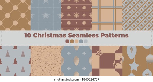С Kollektion von zehn nahtlosen Mustern in Neujahr und Weihnachten Thema. Farbpalette mit Gold und Silber. Muster mit Schneeflocken, Streifen, Spiralen, Weihnachtsdekorationen, Zinnen und Hirschen.