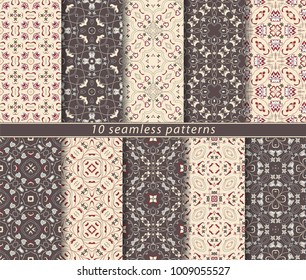 Ten seamless patterns in Oriental style. Eastern ornaments for design fabric, wrapping paper or scrapbooking. Vector illustration in brown colors, arabic motif.