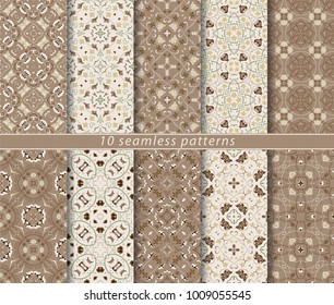 Ten seamless patterns in Oriental style. Eastern ornaments for design fabric, wrapping paper or scrapbooking. Vector illustration in brown colors, arabic motif.