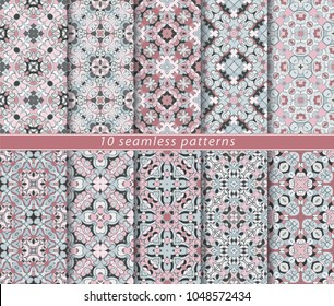 Ten seamless patterns in Oriental style. Eastern ornaments for design fabric, wrapping paper or scrapbooking. Vector illustration in green and red colors.